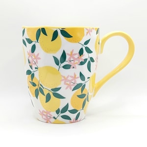 Lemons & Pink Flowers Coffee Tea Mug Cup 16 Oz Ceramic, Colorful Fruity Pattern, Fruit Lover Mug, Gift for her By Grace Teaware