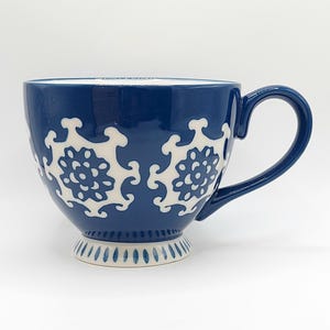 Artistic Pattern Coffee Tea Mug Cup 14 Oz Fire Glazed Blue & White Ceramic, Tea Lover Cup, Gift for her by Tabletops Gallery