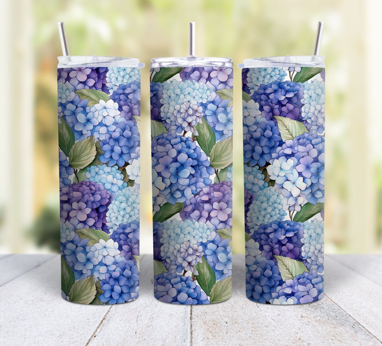 Personalized Blue and Purple Hydrangeas Garden Stainless Steel 20 Oz Tumbler With Lid & Straw, Floral Sublimated Illustration by Mugzan