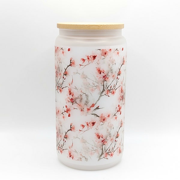 Cherry Blossom Frosted Glass Can with Bamboo Lid 16 Oz Floral Libbey Glass Cup by Mugzan