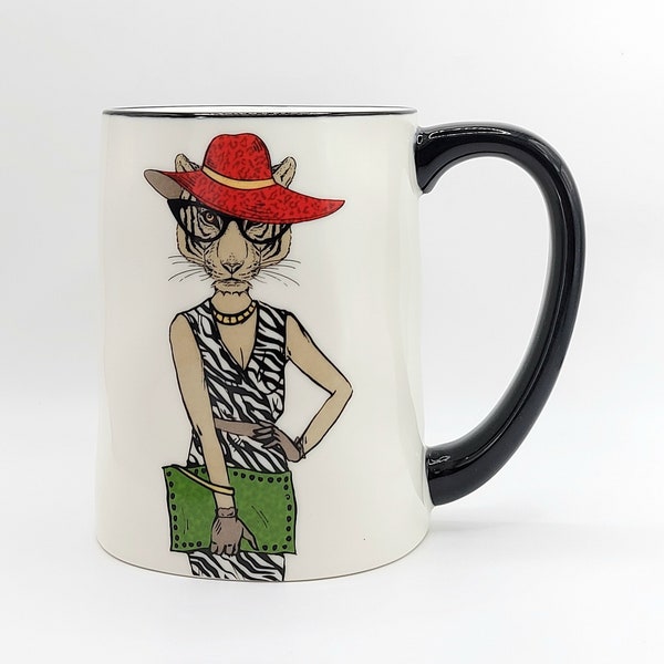 Fashion Tigres Coffee Tea Mug Cup White 17 Oz Stoneware White, Colorful Illustration By Signature Housewares