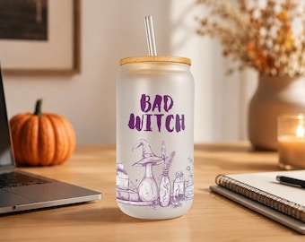 Bad Witch Frosted Glass Can with Bamboo Lid & Straw, 16 Oz Halloween Libbey Glass Cup, Witchy Coffee Cup, Spooky Gift for Her by Mugzan