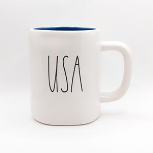 Rae Dunn USA Coffee Tea Mug Cup 18 Oz Ceramic, White & Blue Jug With Little Caravan, 4th of July Cup, Proud American Mug, Veteran&#39;s Day Gift