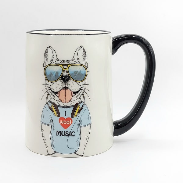 Fashion FRENCHIE DOG Coffee Tea Mug Cup White 17 Oz Stoneware White, Colorful Illustration By Signature Housewares