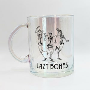 Lazy Bones Coffee Tea Mug Cup 17 Oz Iridescent Clear Glass, Funny Skeletons Jug By Perfectly Wicked