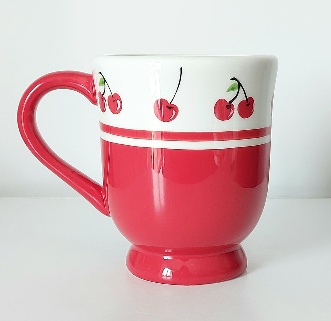 Sweet Red Cherry Coffee Tea Mug Cup 16 Oz Ceramic White and Red by