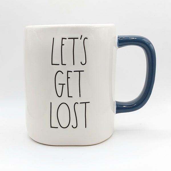 Rae Dunn Let’s Get Lost Coffee Tea Mug Cup 18 Oz Ceramic White And Blue Handle