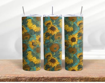 Personalized Sunflowers Van Gogh Style Stainless Steel Skinny 20 Oz Tumbler, Artistic Floral Pattern, Custom Name Gift by Mugzan