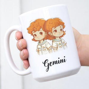 Adorable Gemini Zodiac Mug, Custom Name 15 Oz Ceramic Astrology Cup, Personalized Cute Horoscope Coffee Mug Gift by Mugzan