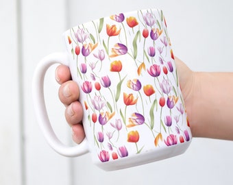 Multicolor Tulips Garden Coffee Tea Mug Cup 15 Oz Floral Pattern by Mugzan NEW