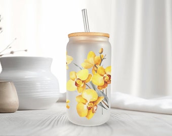 Ramo personalizado de orquídeas amarillas en lata de vidrio esmerilado, vaso de vidrio floral de orquídeas de 16 oz, vaso de vidrio con flores amarillas de Mugzan