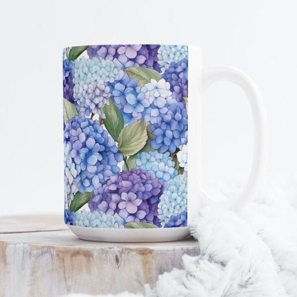 Blue and Purple Hydrangeas Garden Coffee Tea Mug Cup 15 Oz Ceramic White, Floral Pattern, Sublimated gift by Mugzan