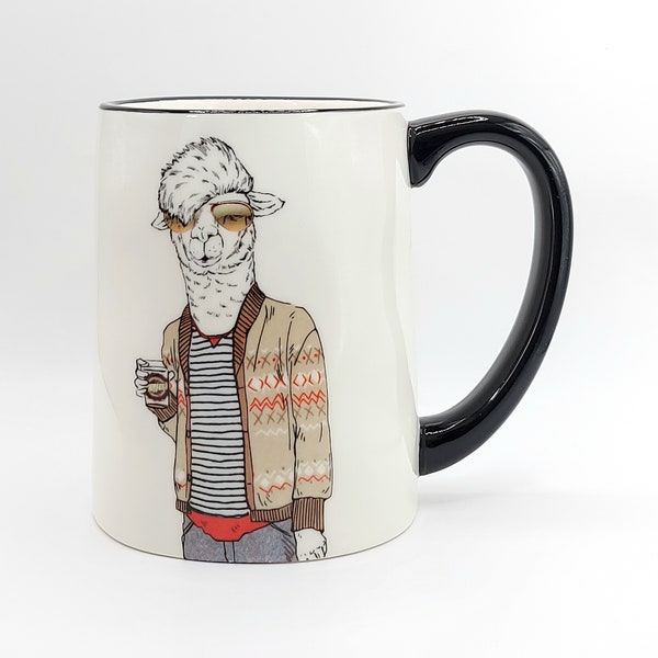 HIPSTER LLAMA Coffee Tea Mug Cup White 17 Oz Stoneware White, Colorful Illustration By Signature Housewares NEW