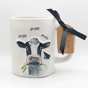Rae Dunn MOO Moo Colorful Farm Cow Coffee Mug, 18 Oz Ceramic Farmhouse Cup, Engraved Lettering