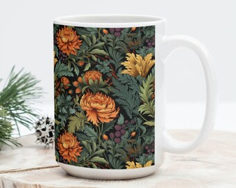 Autumn Leaves Coffee Tea Mug Cup 15 Oz Ceramic White, Floral Fall illustration by Mugzan NEW