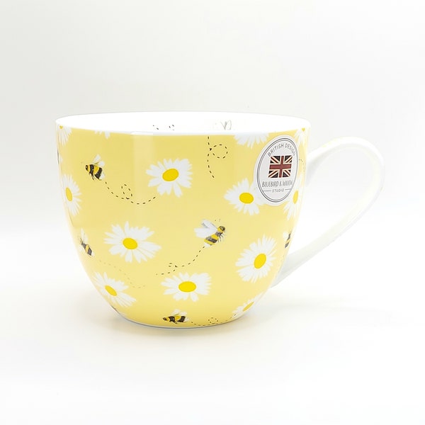 Garden of Daisies & Bees Coffee Tea Mug Cup 20 Oz Bone China, Floral Pattern in Yellow Tones By Blue Bird and Willow