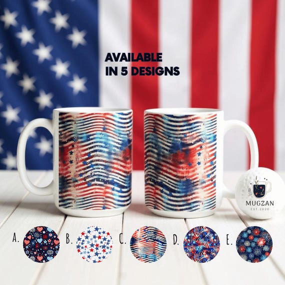Patriotic USA Mug  15 Oz Ceramic | 4th of July Coffee Cup | Red White Blue  American Flag Fireworks | Five Design Options by Mugzan