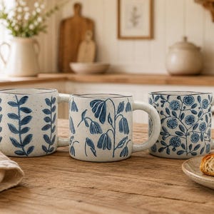 May include: Three ceramic mugs with a speckled off-white finish and blue hand-painted botanical patterns. Each mug features a different design: one with vertical leaf stems, one with hanging bell-shaped flowers, and one with circular floral motifs.