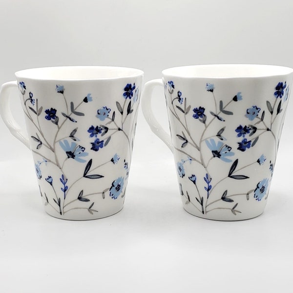 Set Of Two Little Blue Flowers Coffee Tea Mug Cup 12 Oz Fine Bone China Porcelain, Delicate Garden, Gift for her By Rose of England