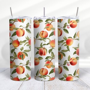 Personalized Peaches Harvest Stainless Steel Skinny 20 Oz Tumbler With Lid & Straw, Peaches Tree Cup, Peach Lover Tumbler by Mugzan