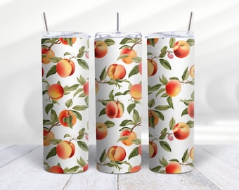 Personalized Peaches Harvest Stainless Steel Skinny 20 Oz Tumbler With Lid & Straw, Peaches Tree Cup, Peach Lover Tumbler by Mugzan