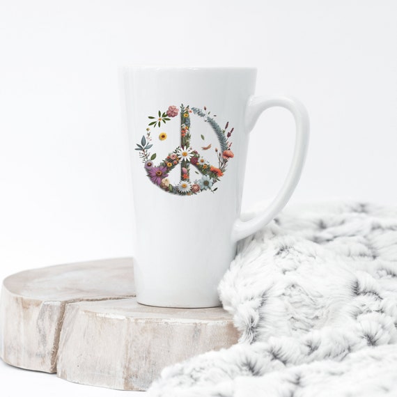 Peace & Flowers Coffee Latte Mug 17 Oz Ceramic, Colorful Floral Peace Sign  Cup, Boho Flower Mug, Choose Peace Gift by Mugzan