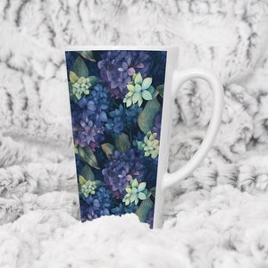 Dark Blue Hydrangeas Latte Mug 17 Oz Ceramic Coffee Cup, Elegant Floral Garden Drinkware, Hydrangea Flower Lover Tea Cup, Gift for Mom