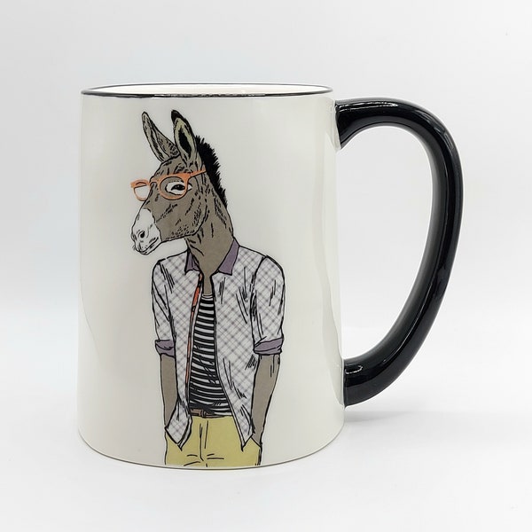 HIPSTER DONKEY Coffee Tea Mug Cup White 17 Oz Stoneware White, Colorful Illustration By Signature Housewares NEW