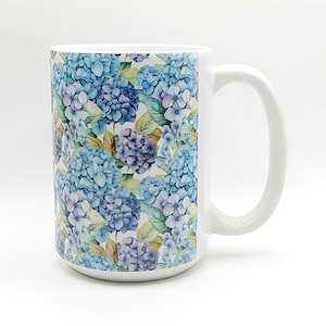 Blue Hydrangeas Garden Coffee Tea Mug Cup 15 Oz Ceramic, Floral Pattern, Gift for Her, Hydrangea Lover Cup by Mugzan