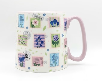 Taza de café con estampado floral y sellos postales, 414 ml (14 oz), cerámica, colorida, con diseño floral, de 10 Strawberry Street.