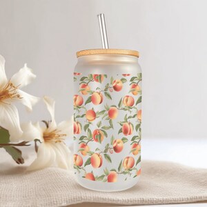 Peaches Harvest Frosted Glass Can with Bamboo Lid & Straw, 16 Oz Custom Name Glass Cup, Peach Lover Tumbler, Birthday Gift by Mugzan
