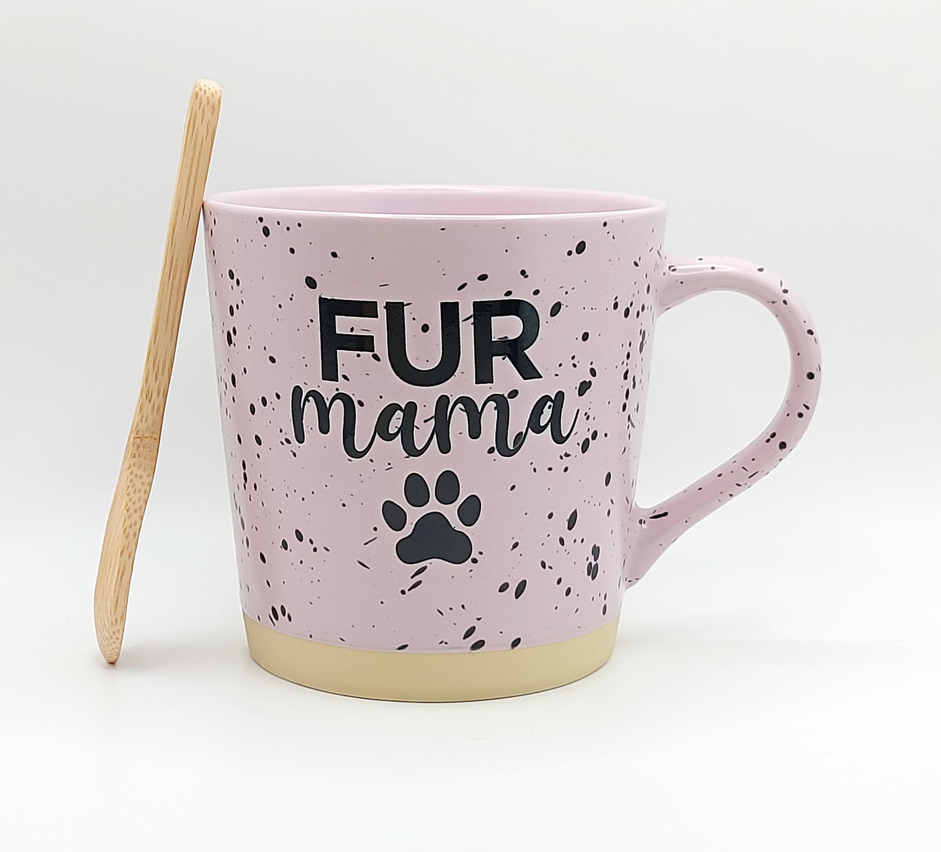 FUR MAMA Coffee Tea Mug Cup With Wood Spoon, 18 Oz Ceramic Purple