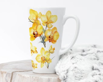 Taza de té con leche de 500 ml (17 oz) con diseño de orquídeas amarillas, taza de café con un alegre estampado floral, regalo perfecto para ella, jarra para el Día de la Madre de Mugzan