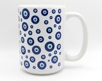 Evil Eye Pattern Blue Tones Coffee Tea Mug Cup 15 Oz Ceramic White, Cup Evil Eye, Turkish Eye Mug, Good Luck Gift by Mugzan