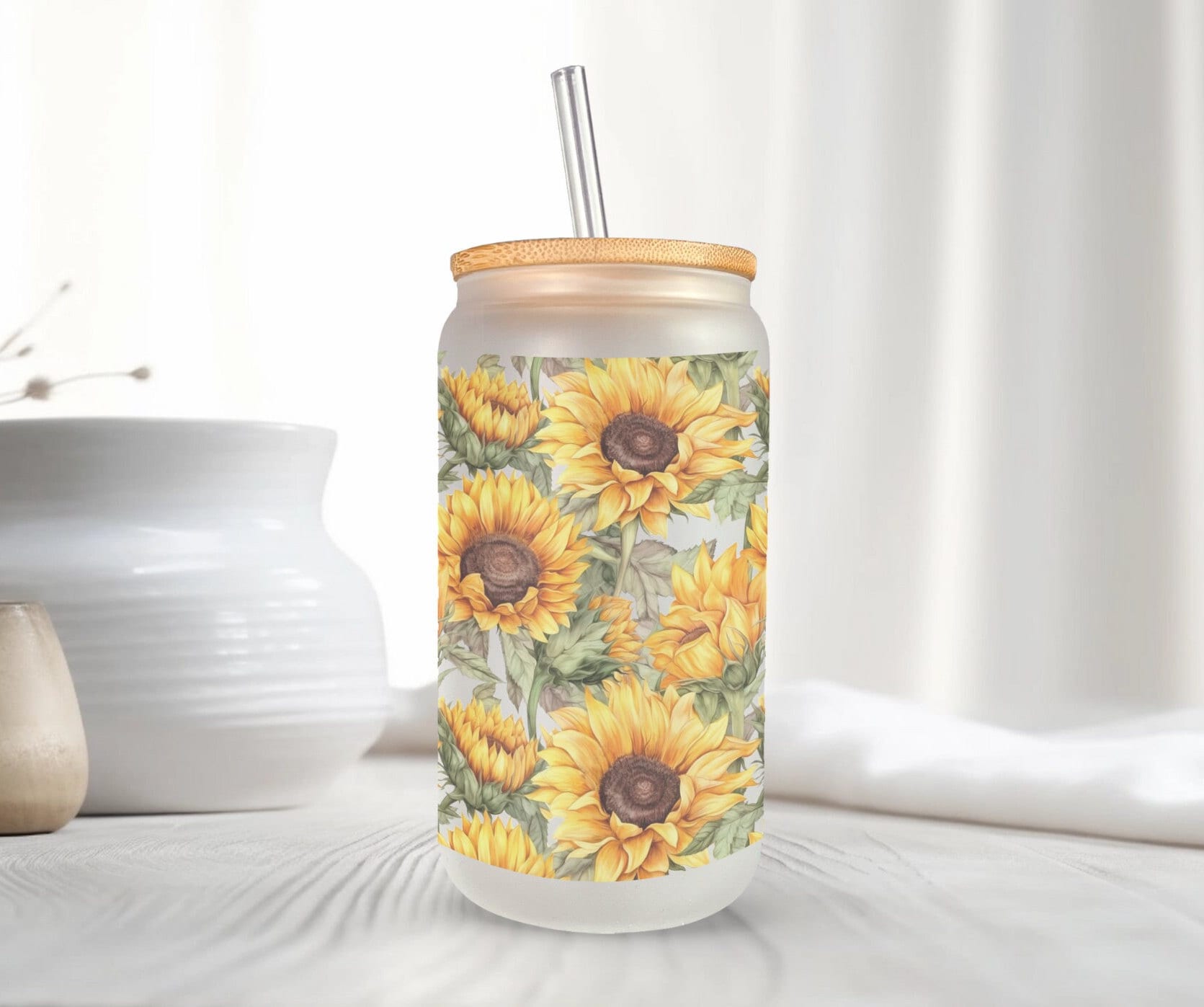 Sunflower Design 16oz Frosted Glass Can Cup with Bamboo Lid and Straw – The  Water Lily Co