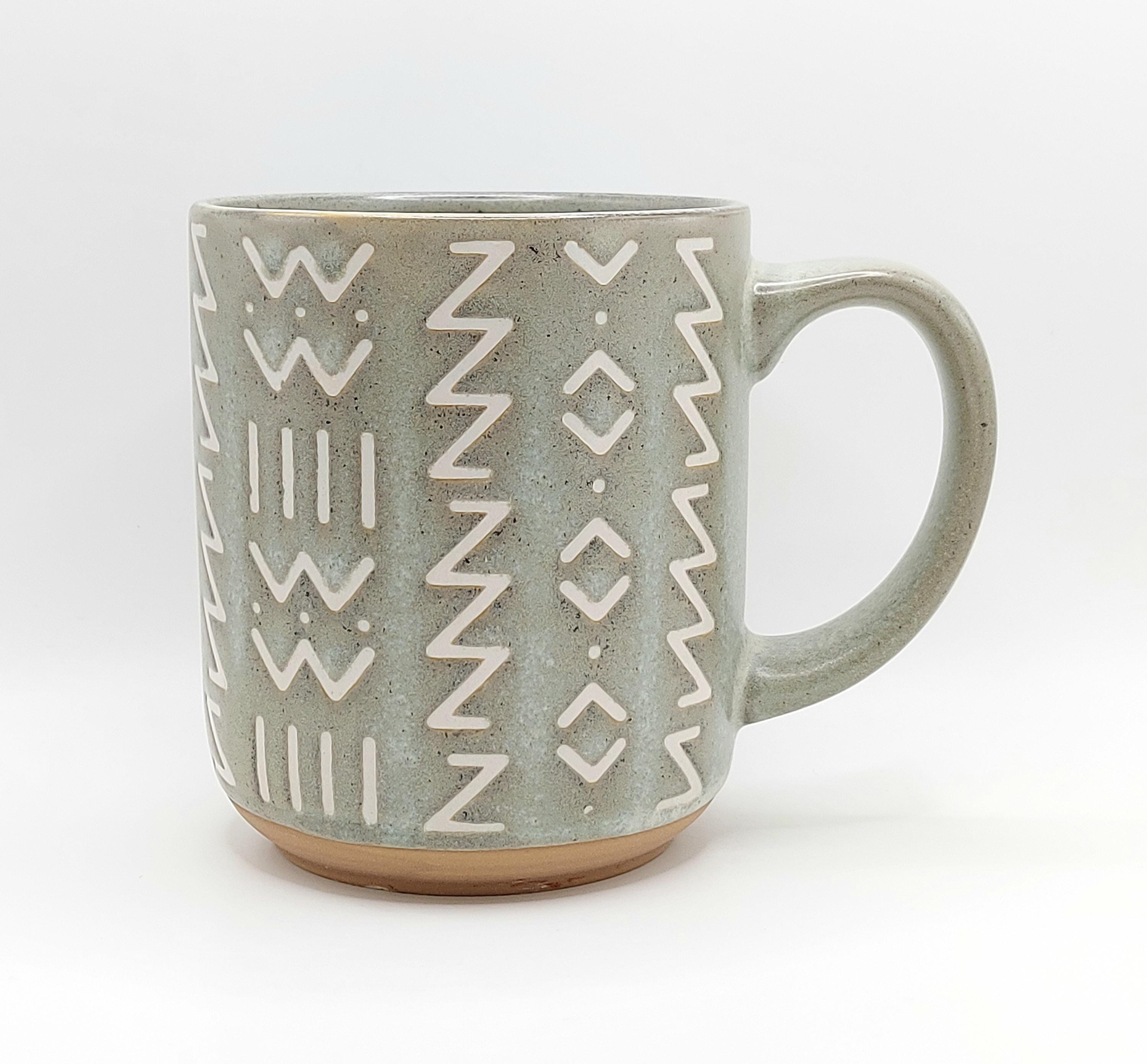 Artisan Rustic Soft Green Coffee Tea Mug Cup 18 Oz Ceramic, Tribal Lines Pattern, Cabin House Mug by Hand and Earth