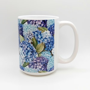 Blue and Purple Hydrangeas Garden Coffee Tea Mug Cup 15 Oz Ceramic White, Colorful Floral Pattern, Sublimated gift, Gift for her by Mugzan