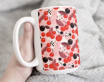 モダンチェリーコーヒーティーマグカップ15オンスセラミック、カラフルなイラスト、チェリーポップマグ、ピンクチェリーカップby Mugzan
