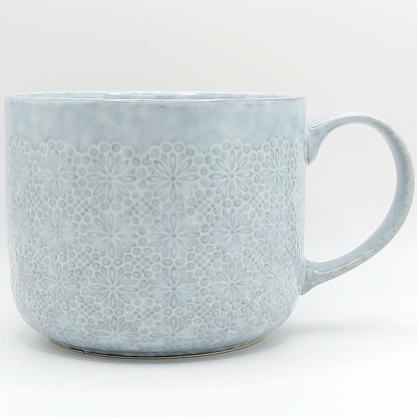 Floral Pattern Coffee Mug, Artisanal 16 Oz Ceramic Fire Glazed Soft Blue Tones, Minimalist Style Cup by Melo