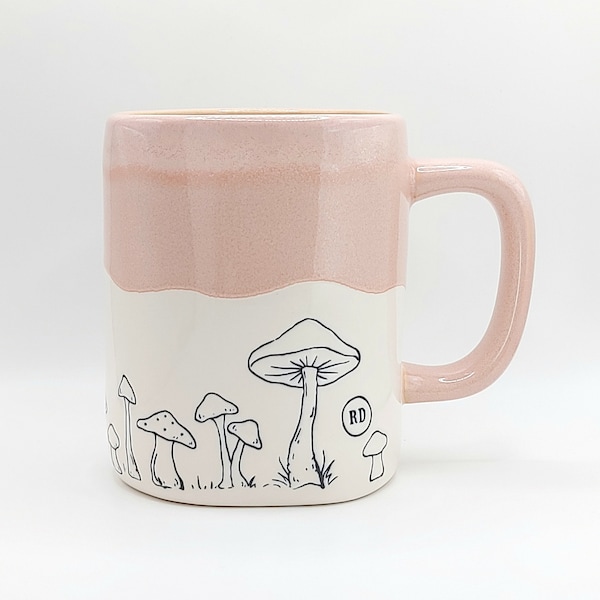 Rae Dunn Fire Glazed Pink Garden Of Mushrooms Coffee Tea Mug Cup 18 Oz Ceramic White, Engraved Illustration