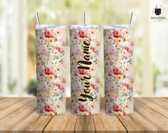Vaso personalizado Vintage Rose Garden de acero inoxidable de 20 oz, taza con nombre personalizado y diseño romántico de Mugzan.