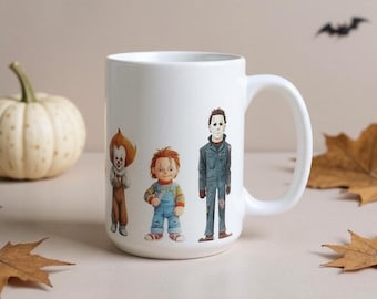 Taza divertida de Halloween de cerámica de 433 ml con personajes de películas de terror. Taza de café espeluznante para regalar en otoño, ideal para los amantes de las películas de Halloween.