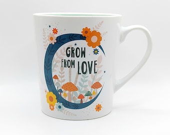 Taza de café/té "Crece desde el amor" de cerámica de 532 ml (18 oz), colorida y bonita jarra de jardín, regalo con mensaje positivo de Fig & Fern
