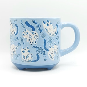 Silly Floral Cat Coffee Mug 19 Oz Ceramic Blue, Cat Lover Cup Gift, Fun Kitty Pattern By Prima Design