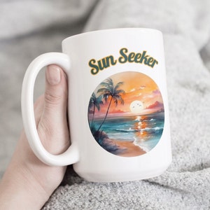 Sun Seeker Mug – Summer Vibes Beach Coffee Cup – 15 Oz Tropical Ocean Ceramic Mug – Coastal Gift for Beach Lovers by Mugzan