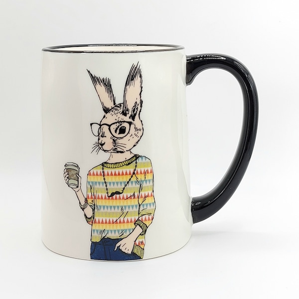 HIPSTER RABBIT Coffee Tea Mug Cup White 17 Oz Stoneware White, Colorful Illustration By Signature Housewares NEW