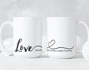 Taza de café o té personalizada LOVE de 444 ml (15 oz), cerámica blanca, ideal para inauguración de casa, regalo para nuevo hogar, jarra con nombres personalizados, regalo para tu pareja (de Mugzan).