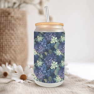 Dark Blue Hydrangeas Garden Frosted Glass Can, with Bamboo Lid, 16 Oz Floral Glass Cup, Hydrangea tumbler, Custom Name Gift by Mugzan