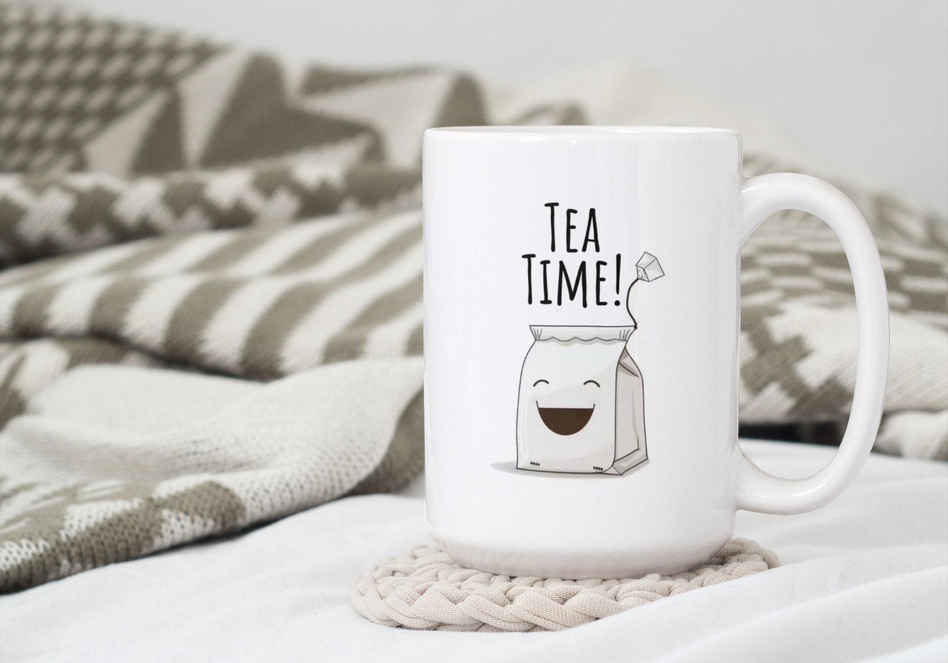 TEA TIME Coffee Tea Mug Cup 15 Oz Ceramic White, Fun Tea Bag