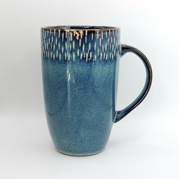 Artisanal Dark Blue Coffee Tea Tall Mug Cup Ceramic Fire Glazed 22 Oz Outdoor Tones, Farmhouse Style By Meritage